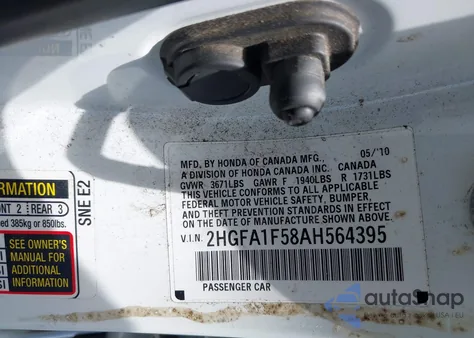 2010 Honda Civic Lx z USA, uszkodzony, nr VIN 2HGFA1F58AH564395